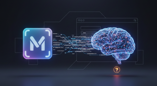 An 'M' for markdown on a luminescent square with lines of markdown connecting it to a representation of an AI brain