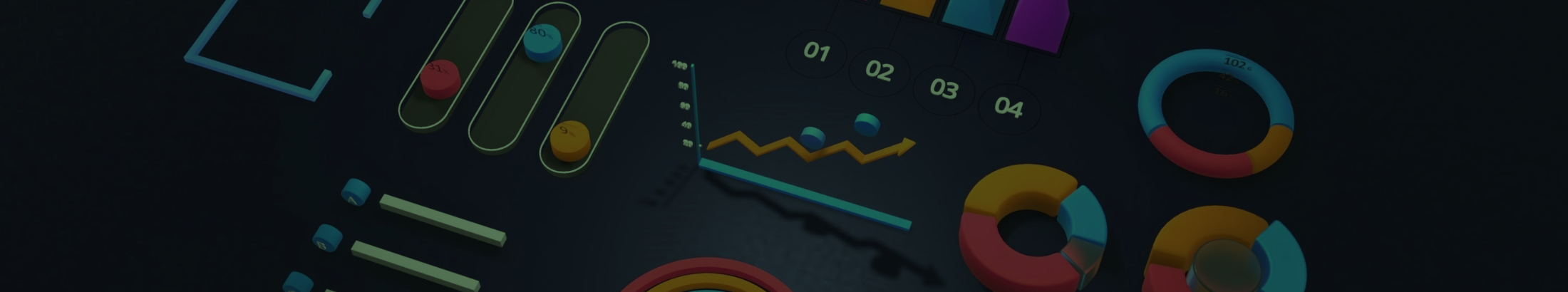 3D, colourful table and chart graphics representing charity marketing data - against a dark blue background