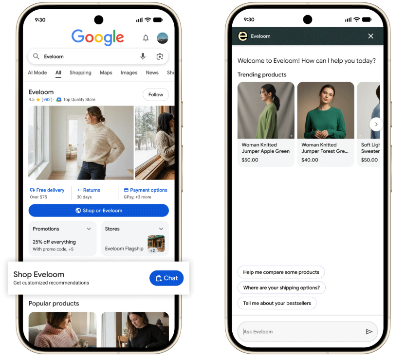 Example of Google's Business Agent feature on their SERPs