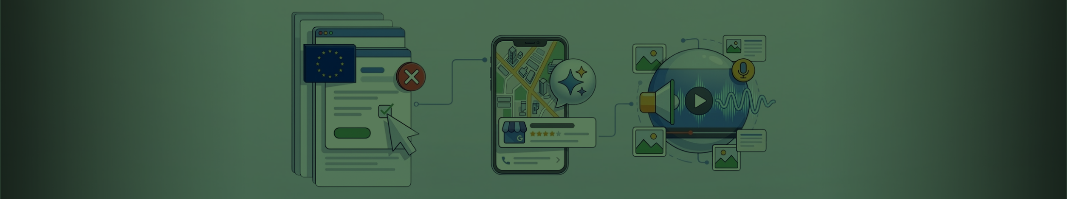 3 illustrations representing major search updates from the first half of March 2026, including Google Ads requiring confirmation of whether campaigns are related to EU politics, "Ask Maps", and auto AI voice modelling for video ads.