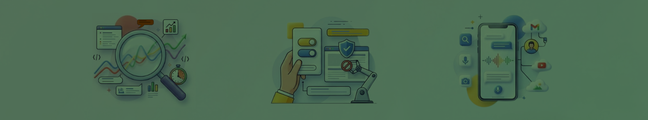 Three 3D graphics representing major search industry updates, against a pastel coloured gradient from pink to blue shades.