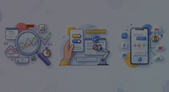 Three 3D graphics representing major search industry updates, against a pastel coloured gradient from pink to blue shades.