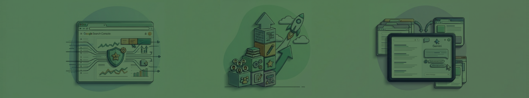 Three flat-style illustrations, each depicting an important search industry update from April 2026:  AI insights in Search Console, AI platform crawl and traffic data, and AI Mode in Chrome developments