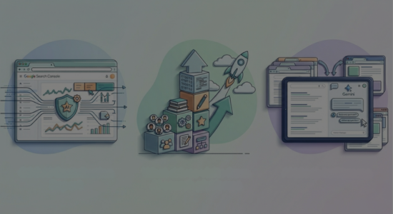 Three flat-style illustrations, each depicting an important search industry update from April 2026:  AI insights in Search Console, AI platform crawl and traffic data, and AI Mode in Chrome developments