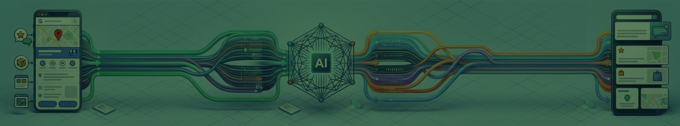 A graphically rich flow chart with illustrations indicating a flow of information from GBP into Google's AI,  then out into Google Search