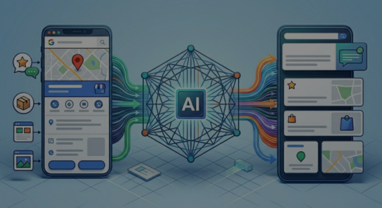 A graphically rich flow chart with illustrations indicating a flow of information from GBP into Google's AI,  then out into Google Search