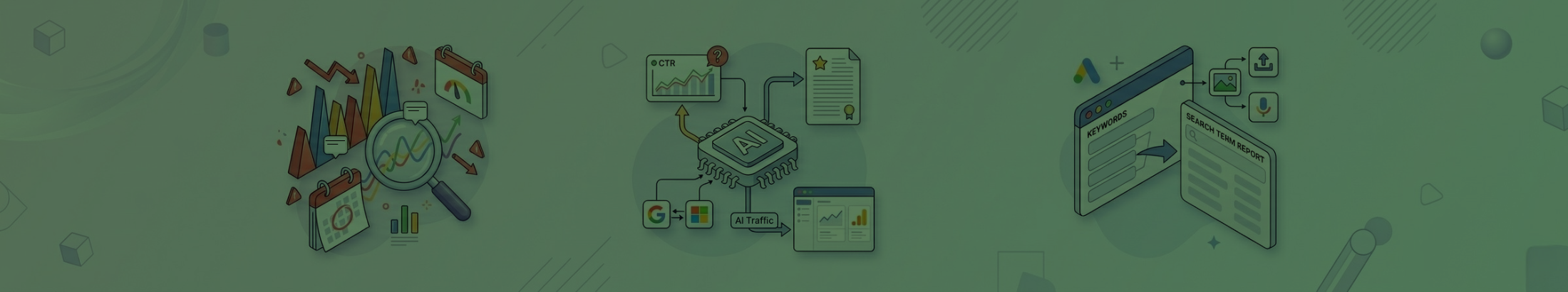 3 graphical representations of key search industry updates from May 2026. From left to right: May 2026 broad core algorithm update, AI insights in Microsoft Clarity, and intent matching in Google Ads