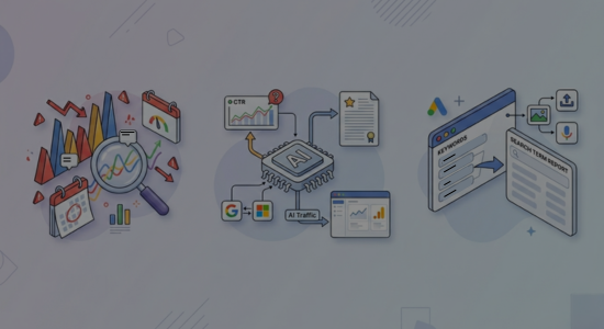 3 graphical representations of key search industry updates from May 2026. From left to right: May 2026 broad core algorithm update, AI insights in Microsoft Clarity, and intent matching in Google Ads