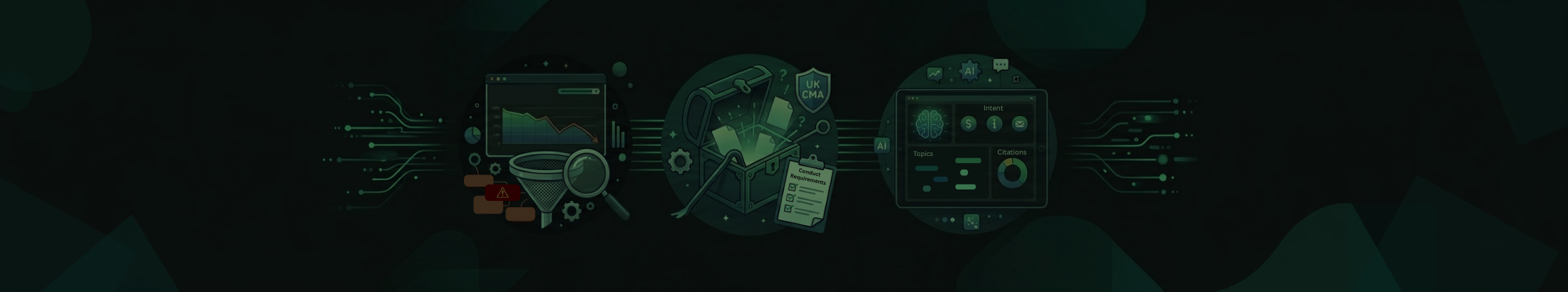 A dark image featuring 3 graphical representations of major search updates from the latter half of June 2026. From left to right: Google June 2026 spam update, CMA order for Google to reveal ranking algorithm, new AI performance insights in Bing.