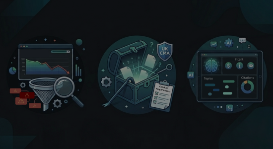 A dark image featuring 3 graphical representations of major search updates from the latter half of June 2026. From left to right: Google June 2026 spam update, CMA order for Google to reveal ranking algorithm, new AI performance insights in Bing.