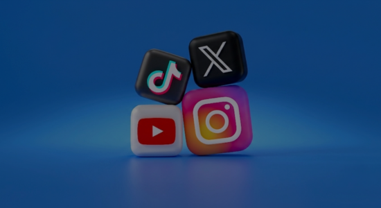 3D "bubble" blocks stacked in pairs against a backlit blue background, each featuring the logo and branding of a different social media platform that can be linked to Search Console: TikTok, YouTube, X, and Instagram.