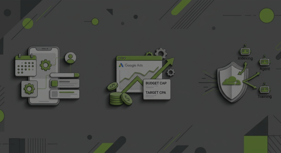 An abstract digital illustration featuring three dynamic icons on a dark grey background with green accents: a smartphone connected to a calendar, a Google Ads dashboard showing growth charts, and a shield blocking bot crawlers.