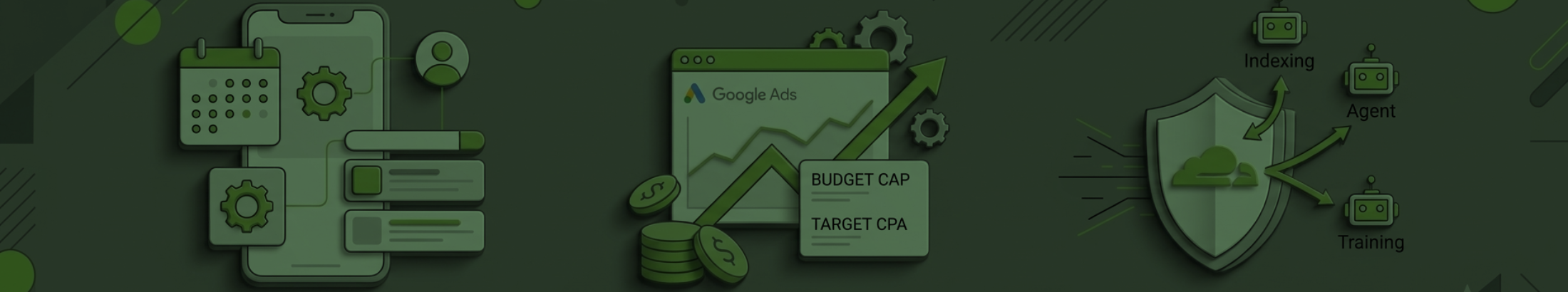 An abstract digital illustration featuring three dynamic icons on a dark grey background with green accents: a smartphone connected to a calendar, a Google Ads dashboard showing growth charts, and a shield blocking bot crawlers.