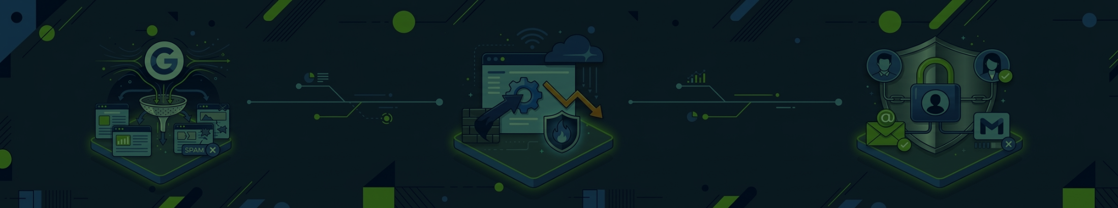 A blog post banner image - 3 flatstyle illustrations against a dark blue background with green accents, each representing a major search updated from August 2026. From left to right: Google spam update, Cloudflare misconfigurations, new Google Ads security feature