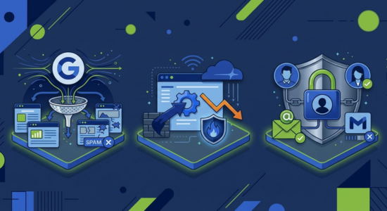 A landing page image link to blog post- 3 flatstyle illustrations against a dark blue background with green accents, each representing a major search updated from August 2026. From left to right: Google spam update, Cloudflare misconfigurations, new Google Ads security feature