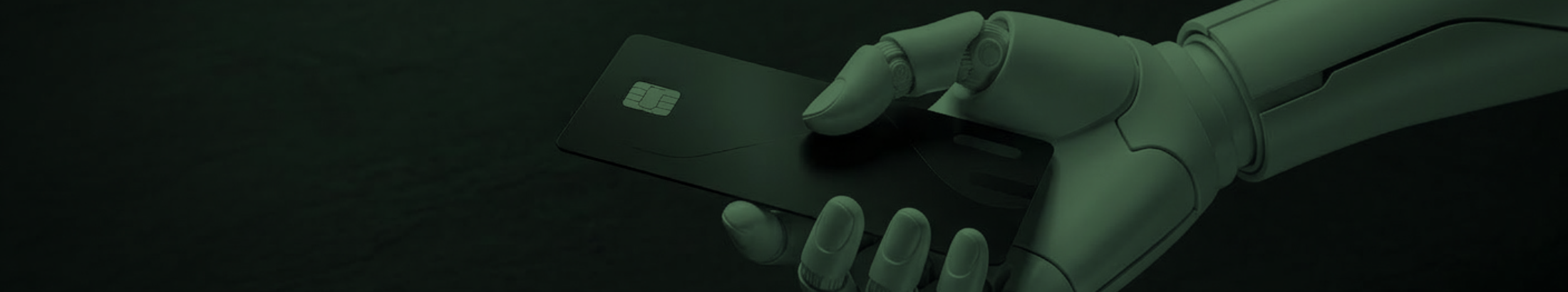 Blog post banner image - a white robotic arm reaching from the right frame of the image, with the hand holding a black credit card.