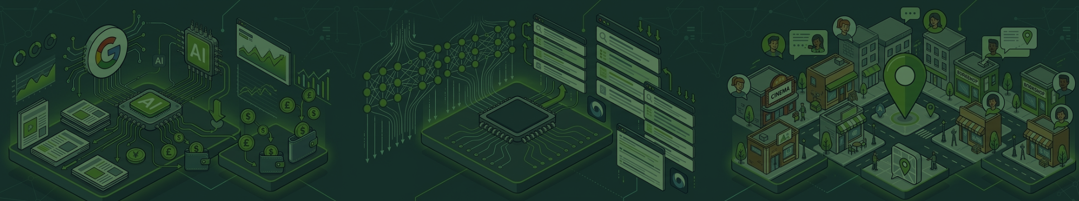 Blog post banner image - 3 flat-style illustrations against a dark blue background, representing the 3 most significant search updates from the first half of September. From left to right: Google AI Contribution Pilot. ARR ranking system. Tell Maps.