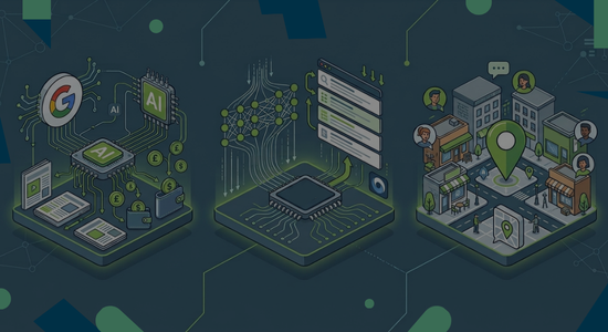 Blog post landing page image and link - 3 flat-style illustrations against a dark blue background, representing the 3 most significant search updates from the first half of September. From left to right: Google AI Contribution Pilot. ARR ranking system. Tell Maps.