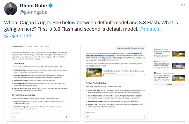 Glenn Gabe X post that gives a side-by-side comparison of the links in a Gemini Flash 3.7 and 3.8 response.