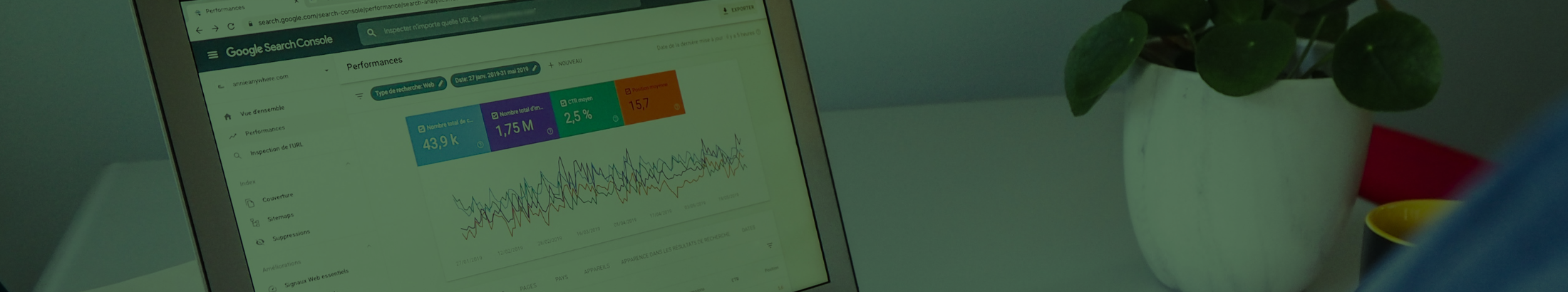 Blog post banner image - A person using Search Console on their laptop, sitting at their work desk, with a small plant also on the desk.