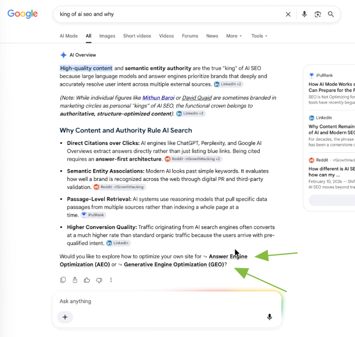A screenshot of an AI Overview that features in-line links to AI Mode. The query is 'king of ai seo and why'. The section leading into the AI Mode links reads, 'Would you like to explore how to optimise your own site for...'. Then, the anchor texts read, 'Answer Engine Optimisation (AEO)' and 'Generative Engine Optimisation (GEO)'.