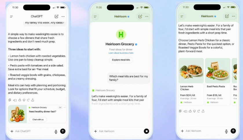 3 images of a smartphone, each showing a different stage of the ad agent process in ChatGPT. Phone 1 shows the ad served with a 'Chat with us' CTA. Phone 2 shows the new sponsored chat that launches when a user clicks on the CTA and asks a question. Phone 3 shows the agent's response.