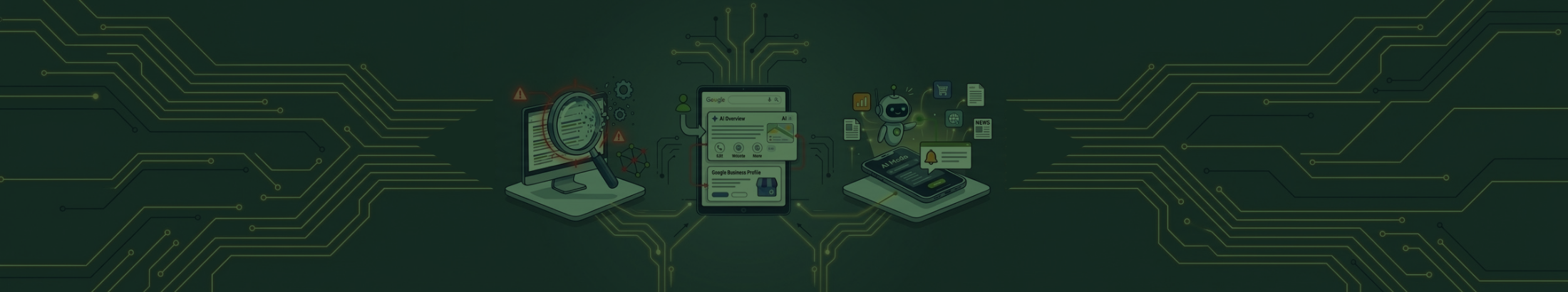 Blog post banner image - 3 flatstyle illustrations representing major search updates from the latter half of September, against a grey-blue background. From left to right, the illustrations represent: Google September 2026 spam update, Google AI Overviews cannibalising GBPs, & AI Mode monitoring.