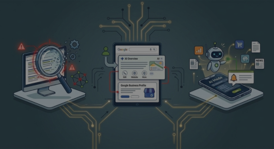 Blog post landing image and link - 3 flatstyle illustrations representing major search updates from the latter half of September, against a grey-blue background. From left to right, the illustrations represent: Google September 2026 spam update, Google AI Overviews cannibalising GBPs, & AI Mode monitoring.