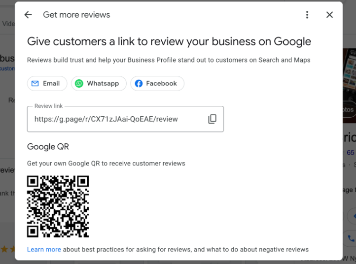 Screenshot of QR creation menu in Google Business Profile