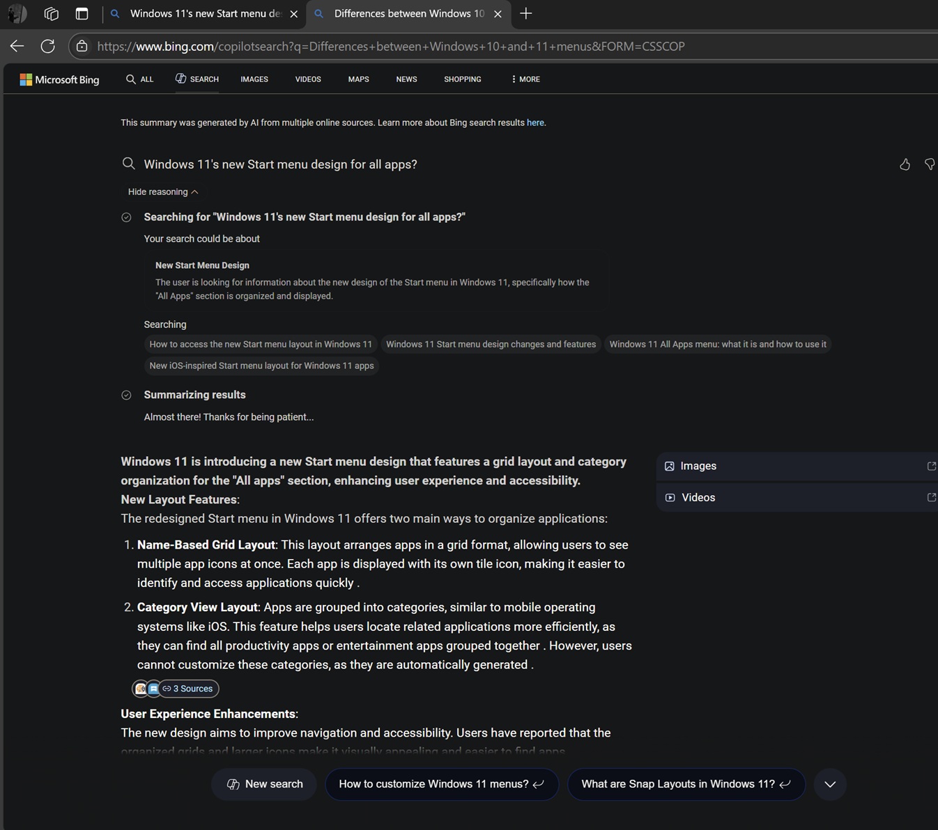 Example of the new Bing AI search tool in action
