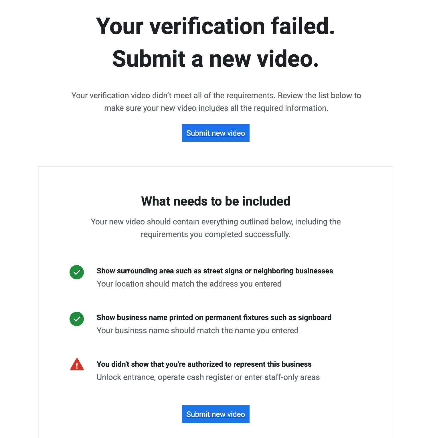 Screenshot of Google's adjusted GBP verification rejection email.