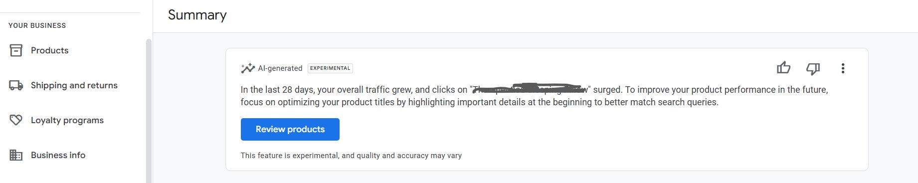 Example of an AI-generated insight in Merchant Centre