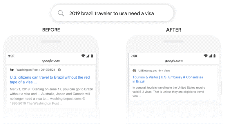 A screenshot showing an example of Google's BERT update search