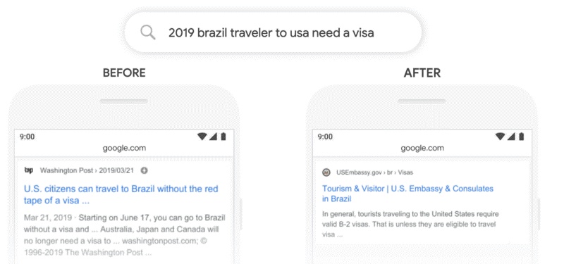 A screenshot showing an example of Google's BERT update search