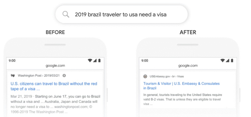 A screenshot showing an example of Google's BERT update search 