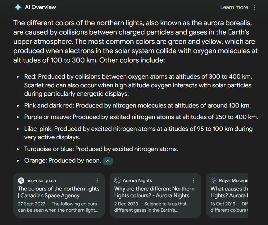 An AI overview detailing the elemental sources of different colours in the northern lights.