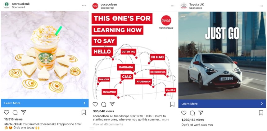 Instagram Ads examples on feed