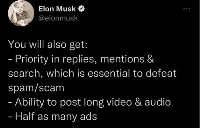 Tweet by Elon Musk detailing Twitter Blue benefits