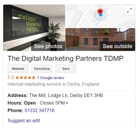 Example of a knowledge panel SERP feature showing the TDMP Google My Business listing