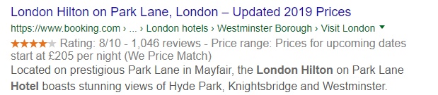 Rich snippet SERP feature example showing the a booking.com listing for a hotel